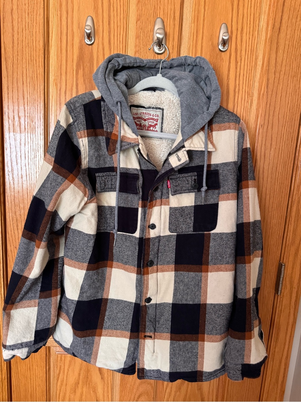 Levi’s Men’s Large Plaid Sherpa Lined Hooded Jacket Flannel Coat